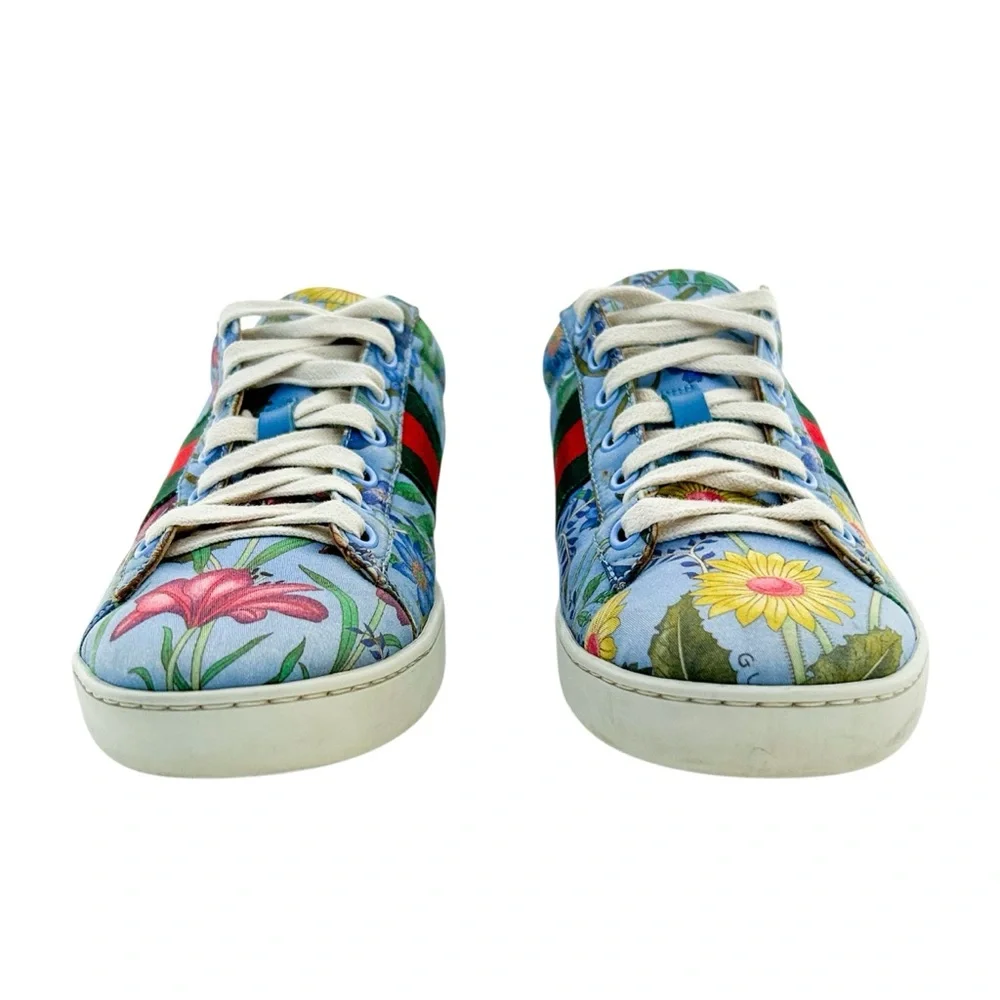 Gucci Ace Blue Floral Print Bee Web Stripe Leather Low Top Slip On Sneakers 38.5